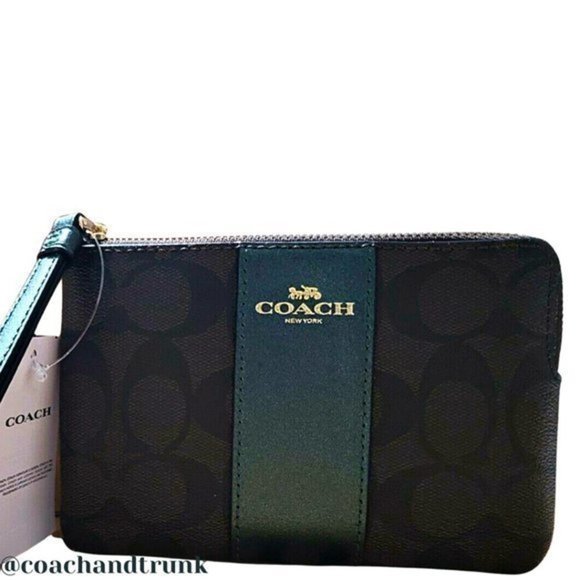 NWT COACH Corner Zip Wristlet In Signature Canvas With Metallic Forest Green - Picture 6 of 10